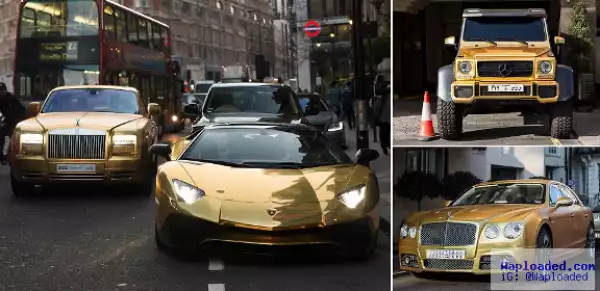 Saudi Arabian billionaire flies his gold supercars to London for holiday (photos)